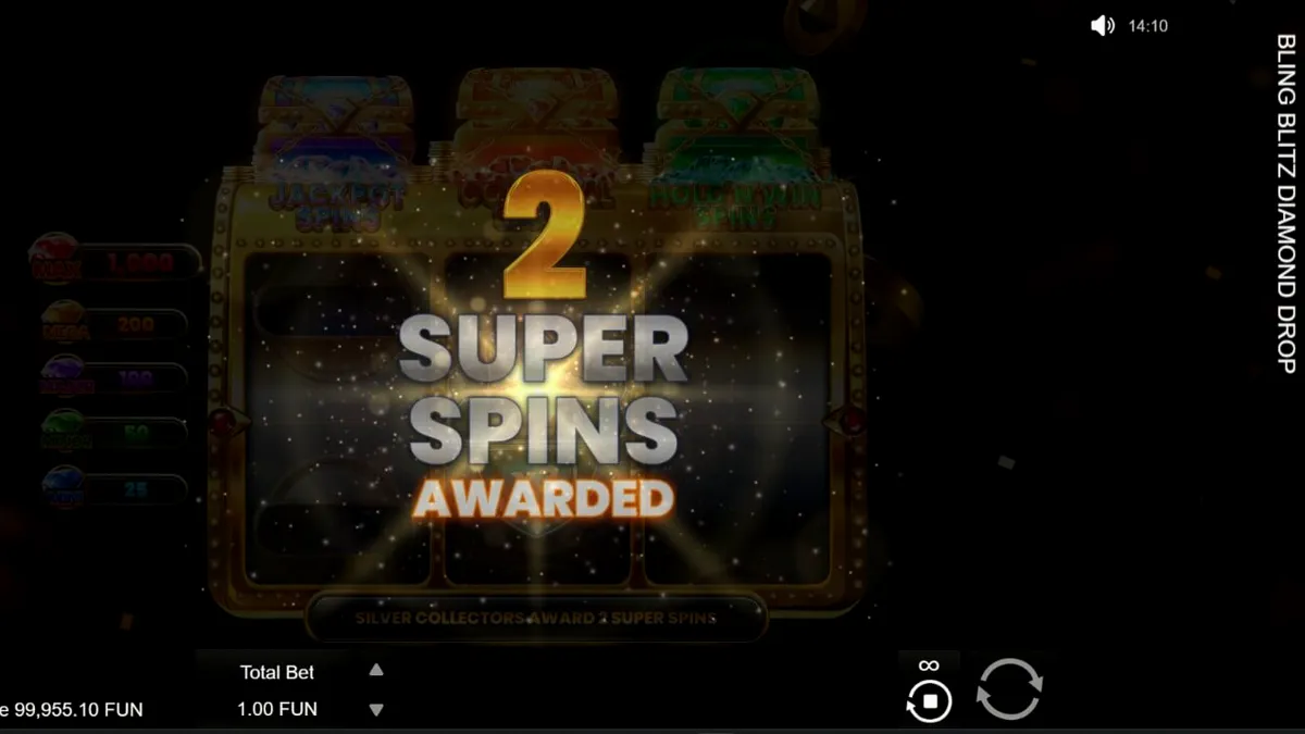 Interface de jogo luxuosa do slot Bling Blitz Diamond Drop com diamantes e símbolos dourados