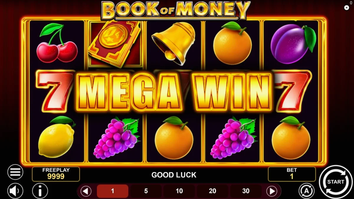 Interface do jogo Book of Money com símbolos de frutas e livros mágicos